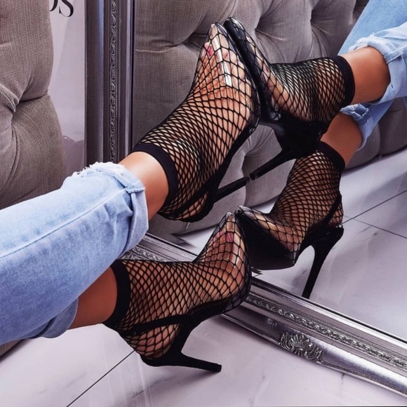 Last 7.5❗Black Clear Pointy Toeishnet Heel Sexy - Picture 2 of 8